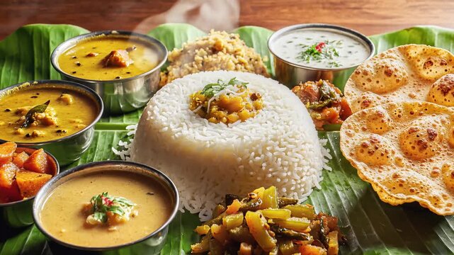 South Indian Traditional Meal on Banana Leaf for Puthandu Festival