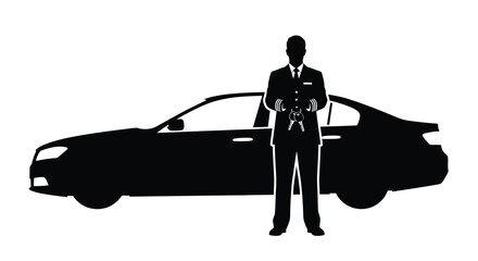A silhouetted man in a suit stands proudly with car keys next to a vehicle © Pvect02