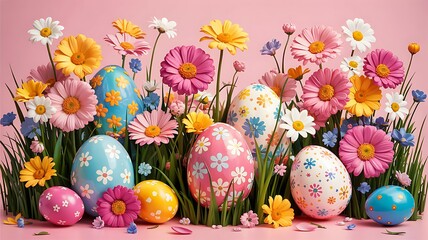 Abundant spring flowers bloom around decorative painted Easter eggs arranged in a lively scene with grass and soft pink backdrop for festive greetings