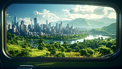 Fototapeta premium Urban Panorama Through a Window: Capturing a mesmerizing scene, a city skyline stretches towards the sky. The view is framed by a window, leading to a cityscape framed by nature. 