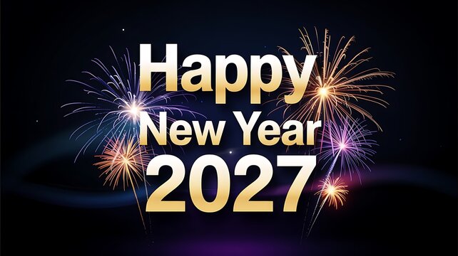 Happy new year 2027 text and fireworks celebration exploding in night sky with colorful lights abstract background festive event