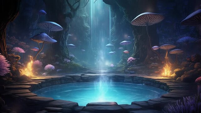 A mystical pool glows with blue light surrounded by mushrooms and fire in a dark fantasy forest landscape.