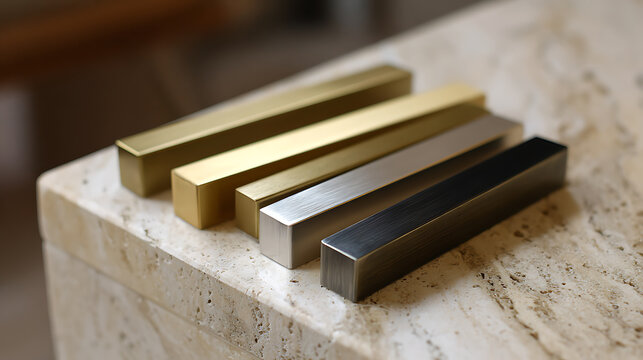 Four metal square bars in various finishes, including gold, brass, silver, and dark bronze, arranged on a textured stone surface, offering a sleek and modern aesthetic product display