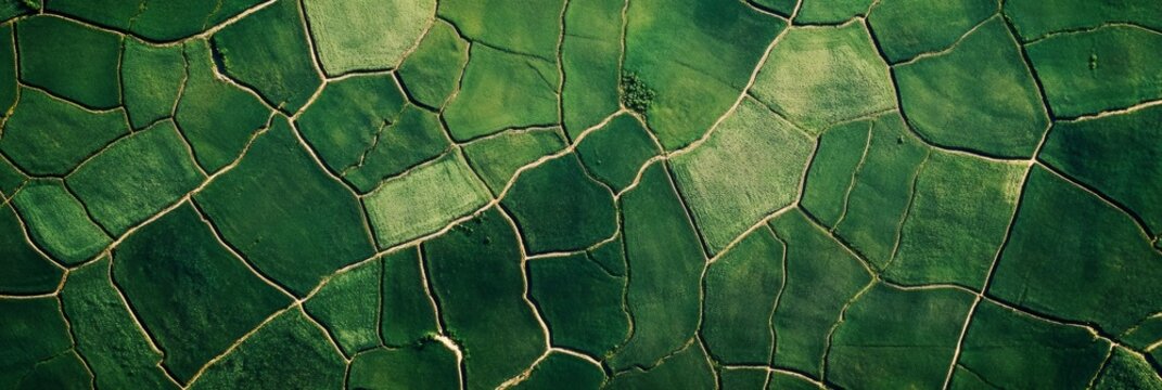 Aerial view of green fields resembling cracked earth after an earthquake, highlighting the geological impact of seismic waves on agriculture and environment