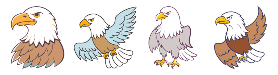 Fototapeta premium set of four flying bald eagles in flat design vector illustration