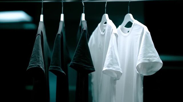 Minimalist t shirts hanging on a rail in studio setting