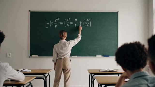 Math educator writing complex formula on classroom chalkboard, students sitting attentively and focusing during challenging lesson, showcasing educational moment of knowledge transfer