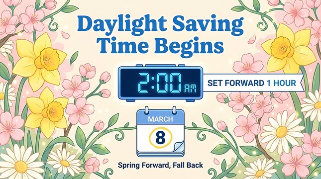 Daylight saving time begins spring forward set clock ahead one hour on march 8th digital clock shows two am calendar date reminder floral decorations
