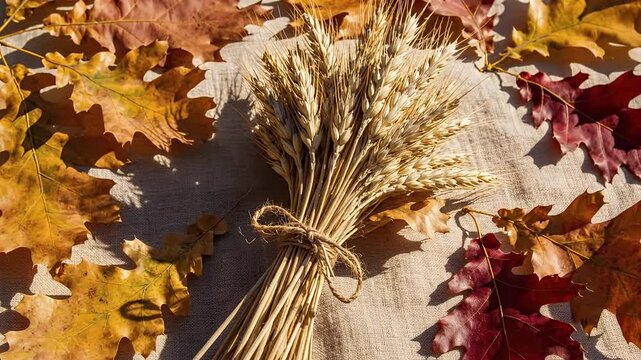 Autumn Harvest Wheat Bundle Surrounded By Colorful Fall Oak Leaves