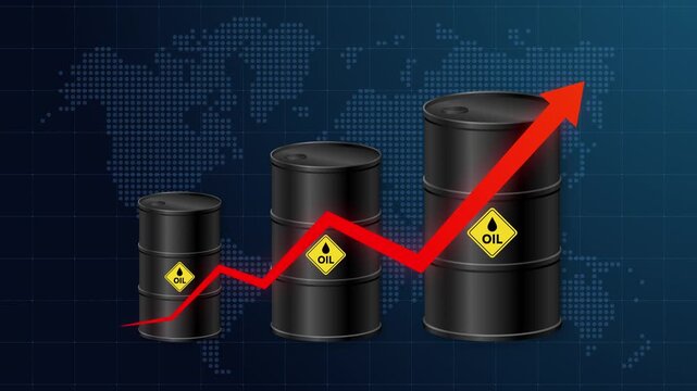 Global oil price increase animation concept with barrels and upward arrow. Energy market infographic visualizing rising crude oil prices, energy crisis, fuel inflation, and global demand growth