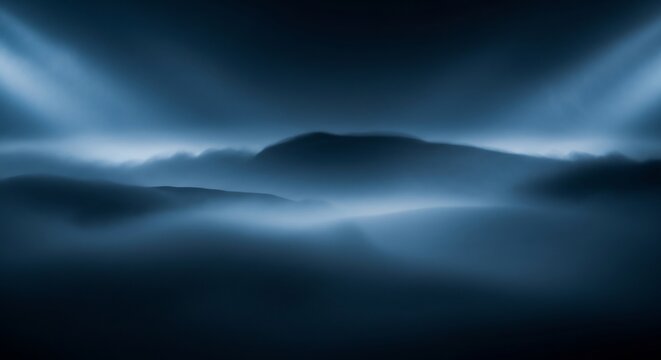 Mysterious Blue Foggy Landscape with Dramatic Light Beams.