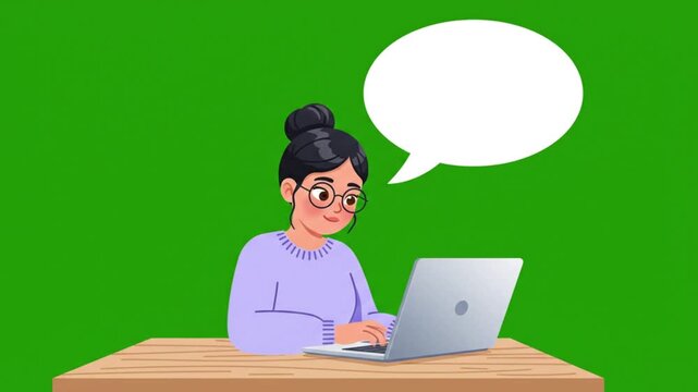 Animated Young Woman Typing On Laptop With Blank Speech Bubble For Text On Green Screen Background