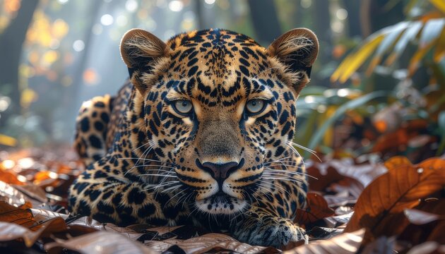 A close-up of a leopard lying on forest floor leaves, spotlight highlighting its intense gaze and detailed fur patterns.