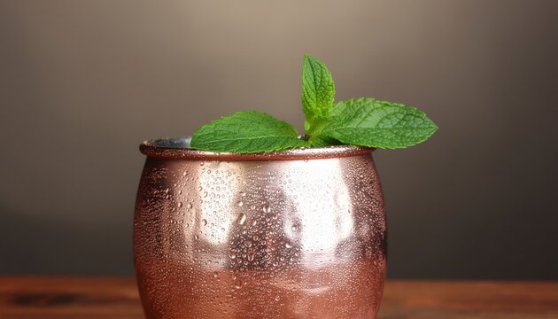 A copper mug with condensation, garnished with fresh mint leaves, set against a plain brown background.