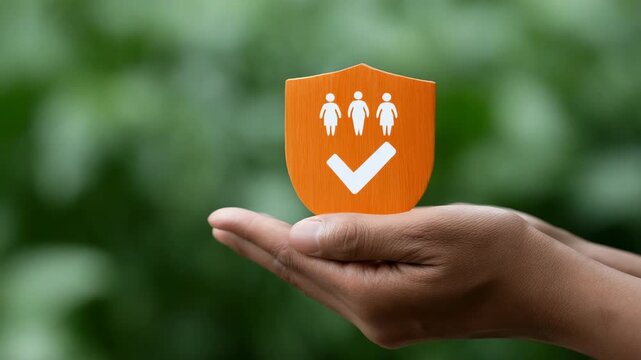 Hand holding orange shield with people icons and check mark on green background