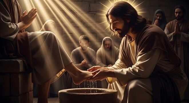 Biblical representation of Jesus washing feet. Emotional and cinematic scene depicting the humility of Christ during the Last Supper before Easter