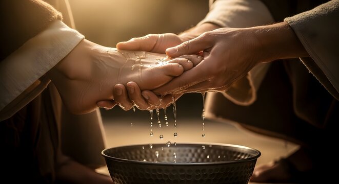 Maundy Thursday concept: Jesus Christ kneeling to wash feet. High-quality religious illustration of the Mandatum and unconditional love