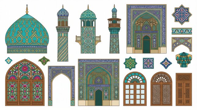 Iranian Architecture Clipart Set with Mosque Domes and Persian Tile Patterns on White Background