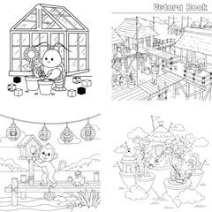 Obraz premium Detailed coloring pages collection: chick greenhouse, intricate village, squirrel lanterns