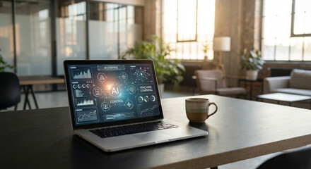 Fototapeta premium Laptop displaying AI control and machine learning dashboard