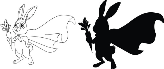 Obraz premium Cute black and white rabbit with a fairy silhouette in a simple vector illustration style.