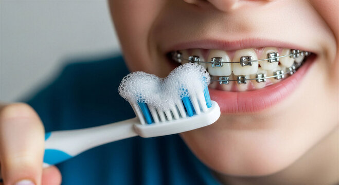 Teen boy brushing teeth with orthodontic toothbrush and braces  