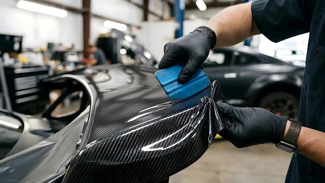 Skilled Technician Applies Protective Carbon Fiber Vinyl Wrap To A High Performance Sports Car Spoiler In A Well Lit Automotive Workshop With Tools