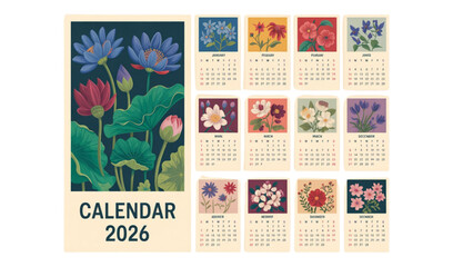 Vintage 2026 floral calendar design with botanical lotus hibiscus magnolia sunflower cherry blossom in retro mid century style © omor