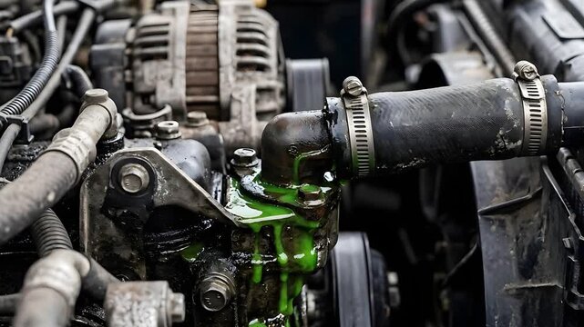 Close Up Of A Dirty Car Engine With Green Coolant Leaking Onto The Engine Block And Hoses In Natural Daylight