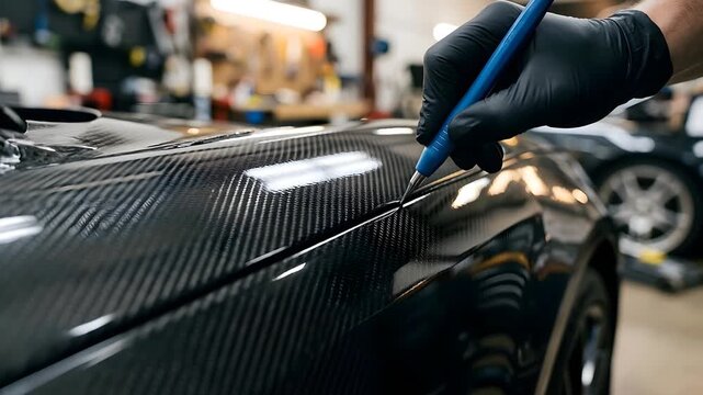 Close Up Of A Hand Wearing Black Gloves Carefully Applying Protective Film To A Black Carbon Fiber Car Hood In A Garage With Tools In The Background