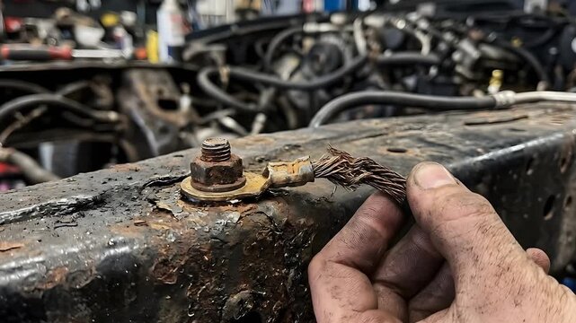 Close Up Of A Mechanic Hand Holding A Damaged Corroded Car Battery Cable Connected To A Rusty Frame With A Bolt And Washer In A Garage Workshop With