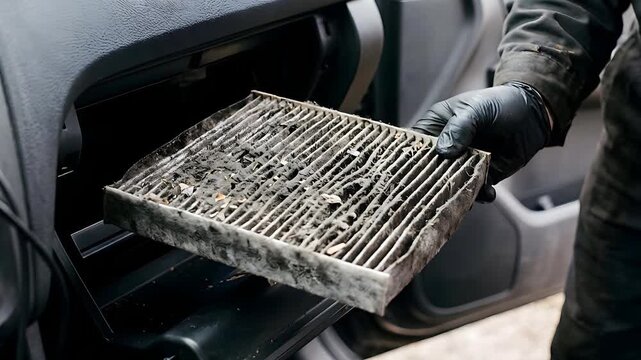 Close Up of Hand in Black Glove Removing Dirty Gray Car Cabin Air Filter Clogged With Debris From Open Glove Box Interior Of Vehicle Automotive
