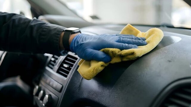 Close Up of Hand Wearing Blue Glove Wiping Car Dashboard with Yellow Microfiber Cloth During Daytime Cleaning Session in a Well Lit Environment