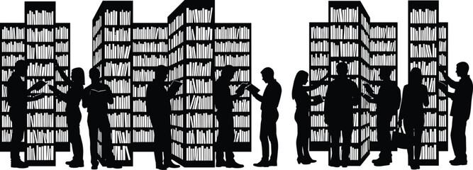 People reading books in library bookshelf aisles silhouette students researching knowledge education learning academic study quiet literature environment concept © Mamun