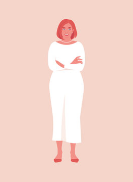 Modern flat vector full-length illustration of a confident woman with red hair standing with her arms crossed against a soft pastel pink background. Business concepts, body positivity, professions