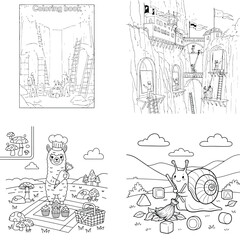 Obraz premium Cartoon geometric shapes and creatures coloring book page collection for kids with line art
