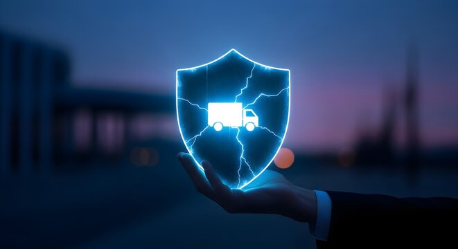 Secure Logistics and Transportation Protection Shield with Truck Icon