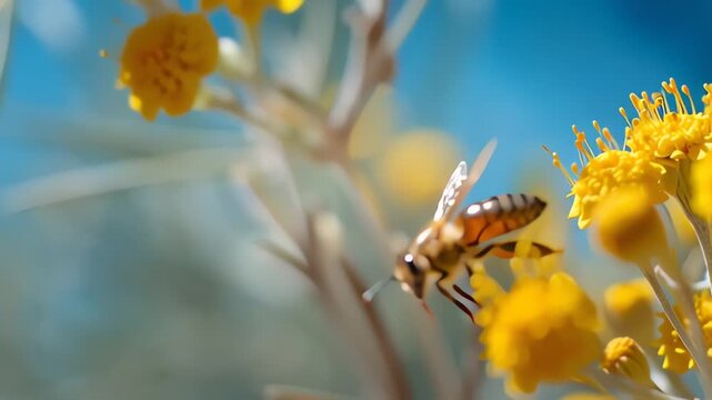 Honey bee pollinating bright yellow flowers in slow motion