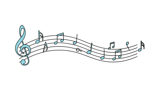 Musical illustration featuring a blue treble clef and various notes on a wavy five-line staff over a white background.
