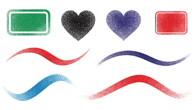 Set of graphic design elements with grainy stippled texture including hearts, waves, and rounded rectangular shapes.