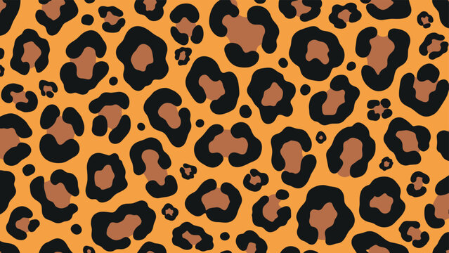 Seamless leopard print pattern with black and brown spots on a warm orange background for fashion and decor.