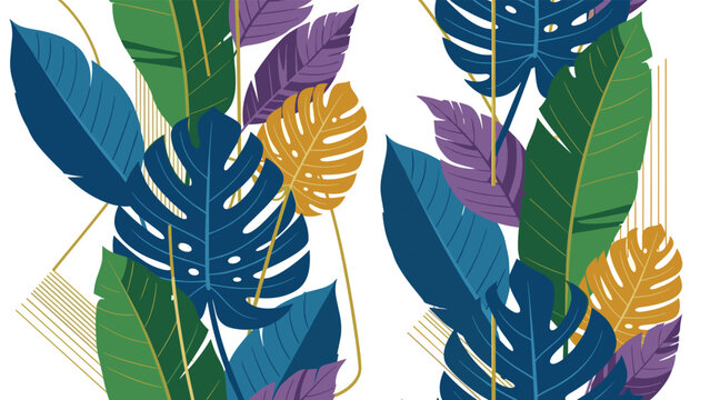Colorful vertical borders of exotic tropical foliage including monstera and palm leaves for vibrant island themed design layouts.