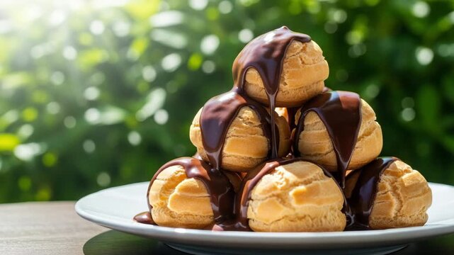 Delicious profiteroles pyramid with chocolate glaze, sweet pastry dessert, cinematic slow motion food footage outdoors