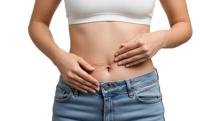 Fototapeta premium Young woman touching abdomen scar while wearing denim jeans and a top 