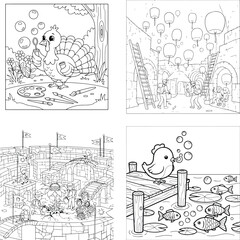 Fototapeta premium Cute aquatic bird line art with pond scenes, dock, fish, and urban cityscapes, coloring book