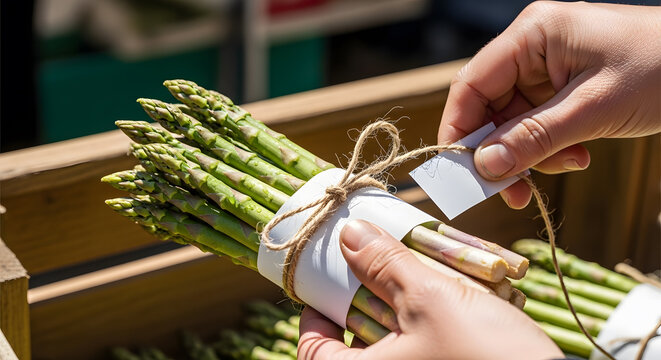 Freshly picked asparagus spears tied with twine and a blank white tag in a rustic setting at an outdoor market or farm stand