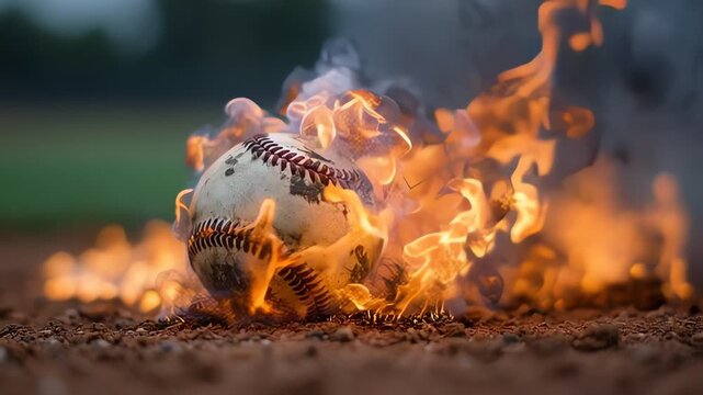 Dramatic Burning Baseball on a Dirt Field with Smoke