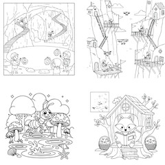 Naklejka premium Nature & animal coloring book: pond life, forest friends, treehouse, and abstract trees