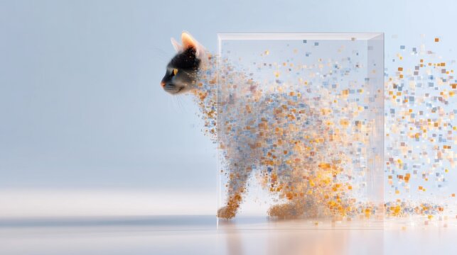 Abstract physics concept, Schrodinger's cat paradox, a silhouette of a cat inside a glass cube that is half solid and half dissolving into digital particles