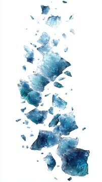 A vertical arrangement of fractured icy blue ice pieces. A visual metaphor for transformation, the image is composed of many irregular polygonal shaped shards of ice. 